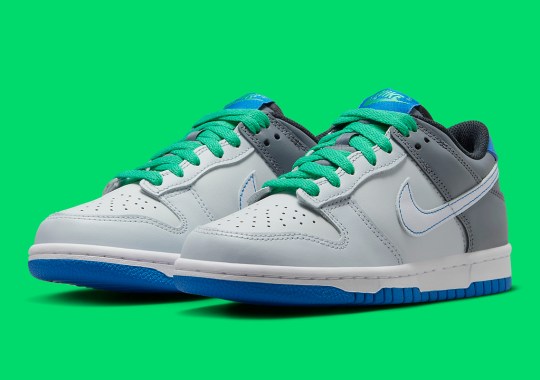 This Kids Nike Dunk Low Dresses Up In Grey, Green, And Blue