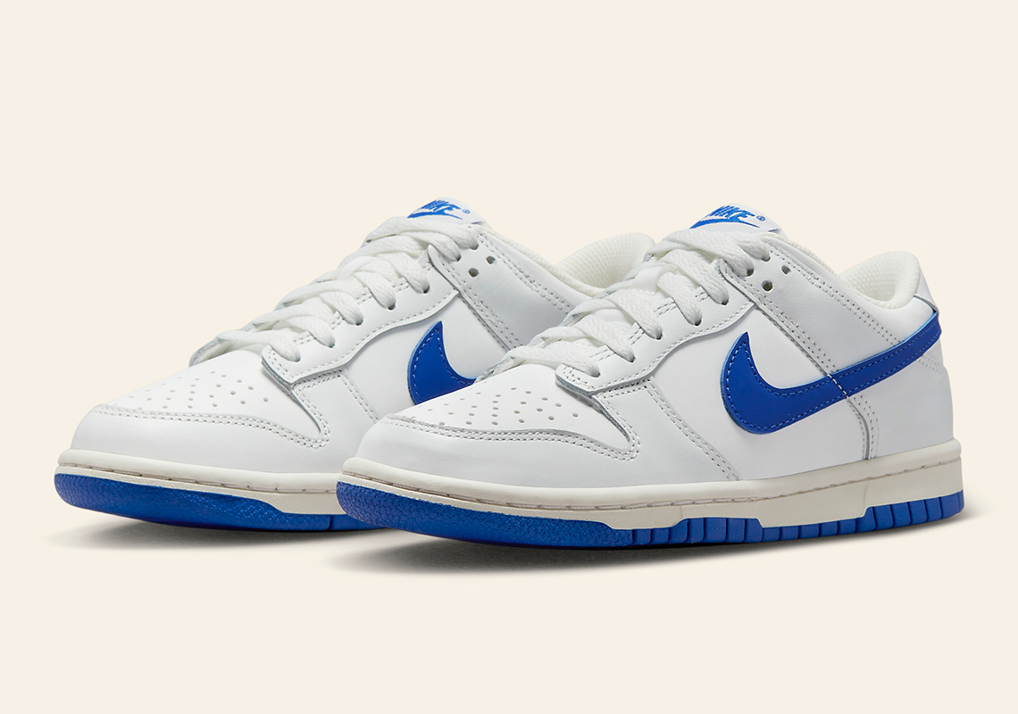 “Royal” Swooshes Land On This Light Grayscale Nike Dunk Low For Kids