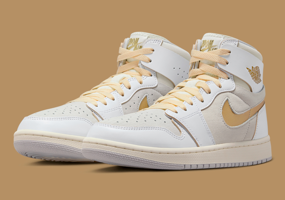 White jordans shop with gold logo