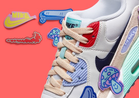 Skateboards, Mushrooms, And Other Patches Adorn This Kid's Nike Air Max 90