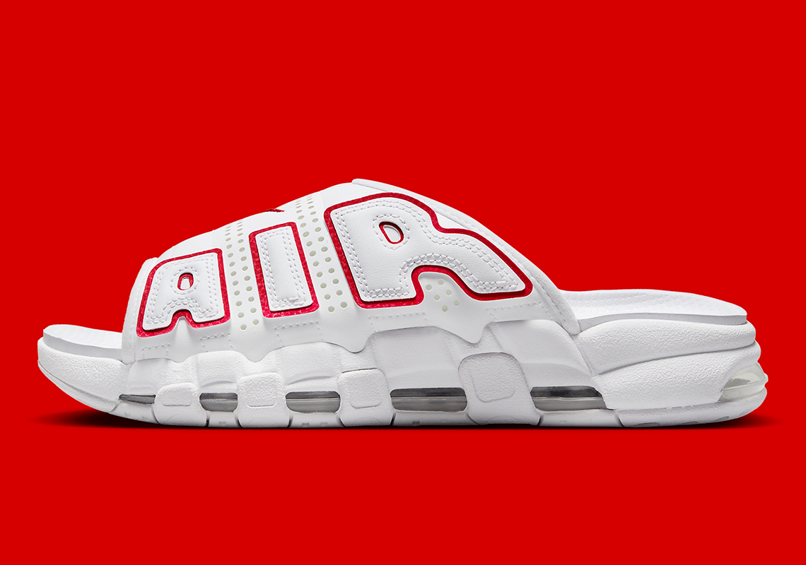 A Simple "White/Red" Look Ascertains The Nike Air More Uptempo Slides