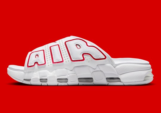 A Simple “White/Red” Look Ascertains The Nike Air More Uptempo Slides