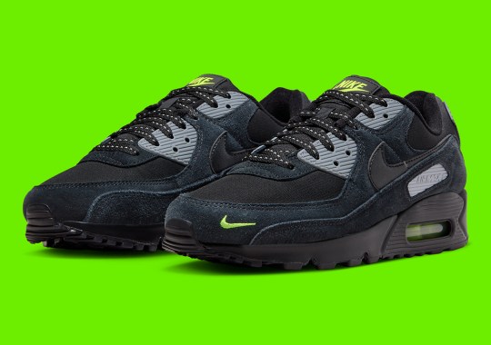 A Mix Of Muted Tones And Vibrant Neon Green Branding Come Together On This Nike Air Max 90