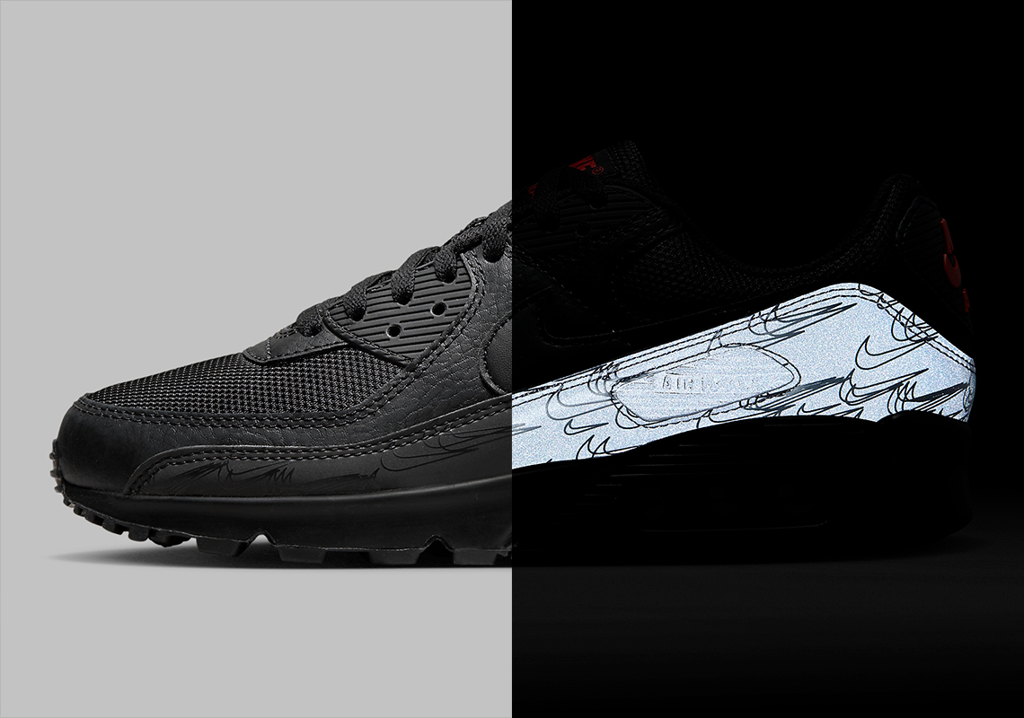 Reflective Panels Appear On The Nike Air Max 90 "Black/University Red"