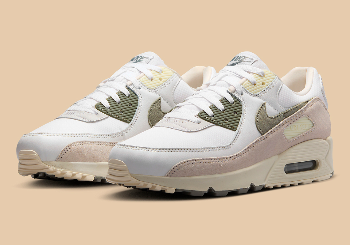 The Nike Air Max 90 Appears In A "White/Medium Olive/Khaki" Outfit
