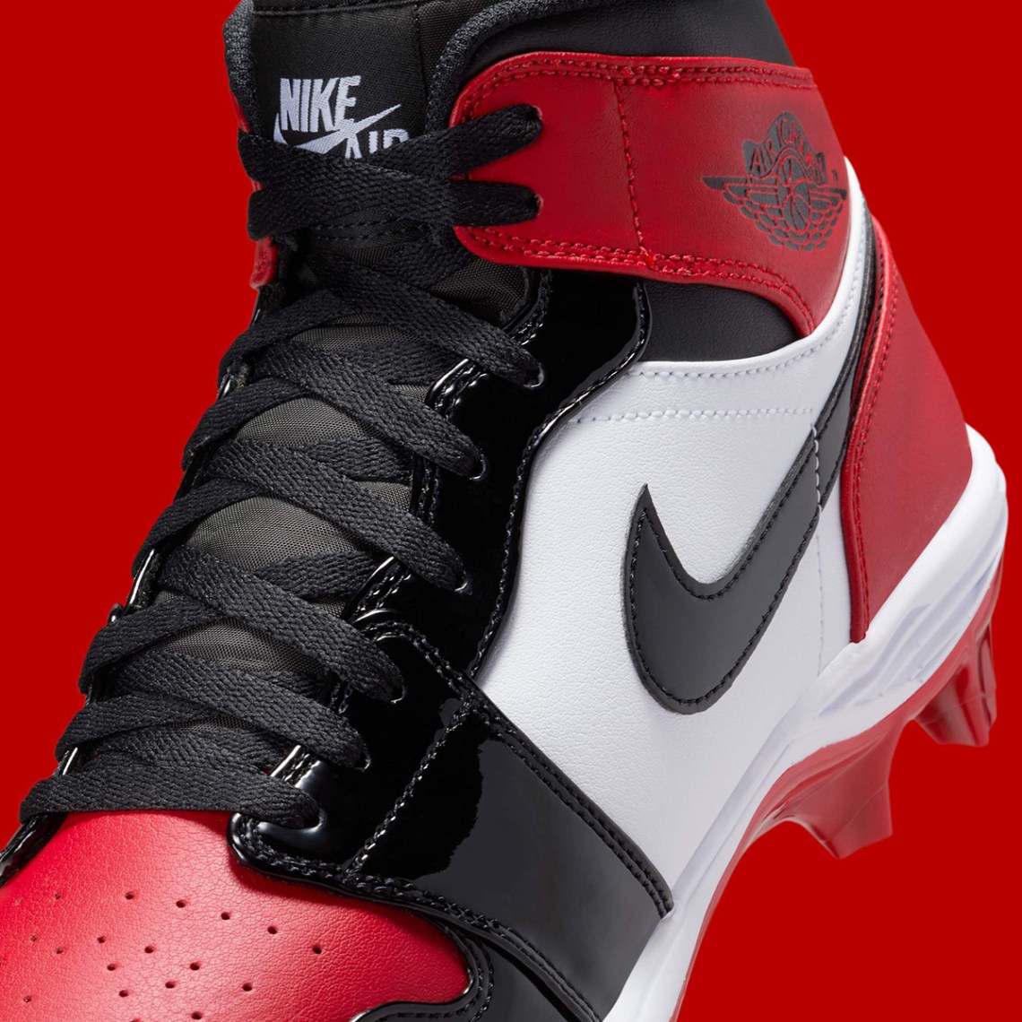 New Nike Jordan 1 Mid Football Cleats Patent Leather Bred FJ6805-601 Men Size 11 air-jordan-1-patent-bred-toe-  main image 3