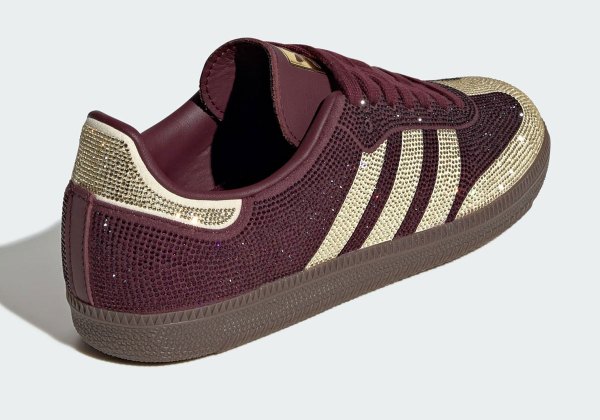 adidas Samba Rhinestone Maroon Gold KJ7488 | SneakerNews.com